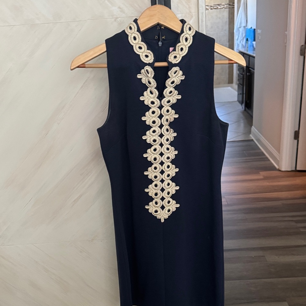 Lilly Pulitzer Navy Sleeveless Mini Dress with Cream Lace Trim